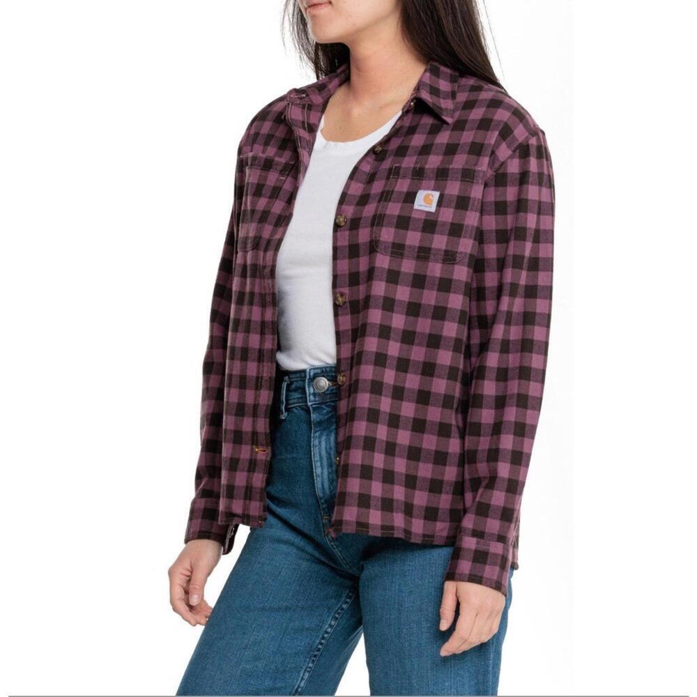 Carhartt Womens Flannel Shirt Small Pink Black Check Long Sleeve Top Button Up